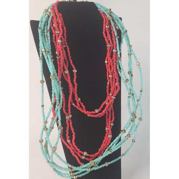 Set of 2 VTG Avenue Blue Red Seed Beaded Multiple Strands Statement Necklaces - Picture 3 of 5